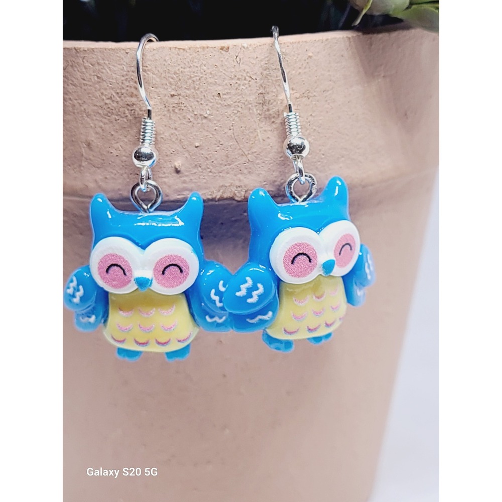 Blue Owl Drop Earrings Whimsical Resin Bird Dangle Silver Tone Hook Jewelry